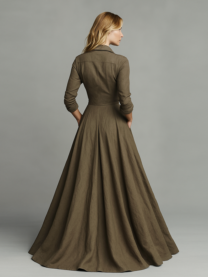 Maxi Vintage Dress in Cotton and Linen for Women with Shirt Design