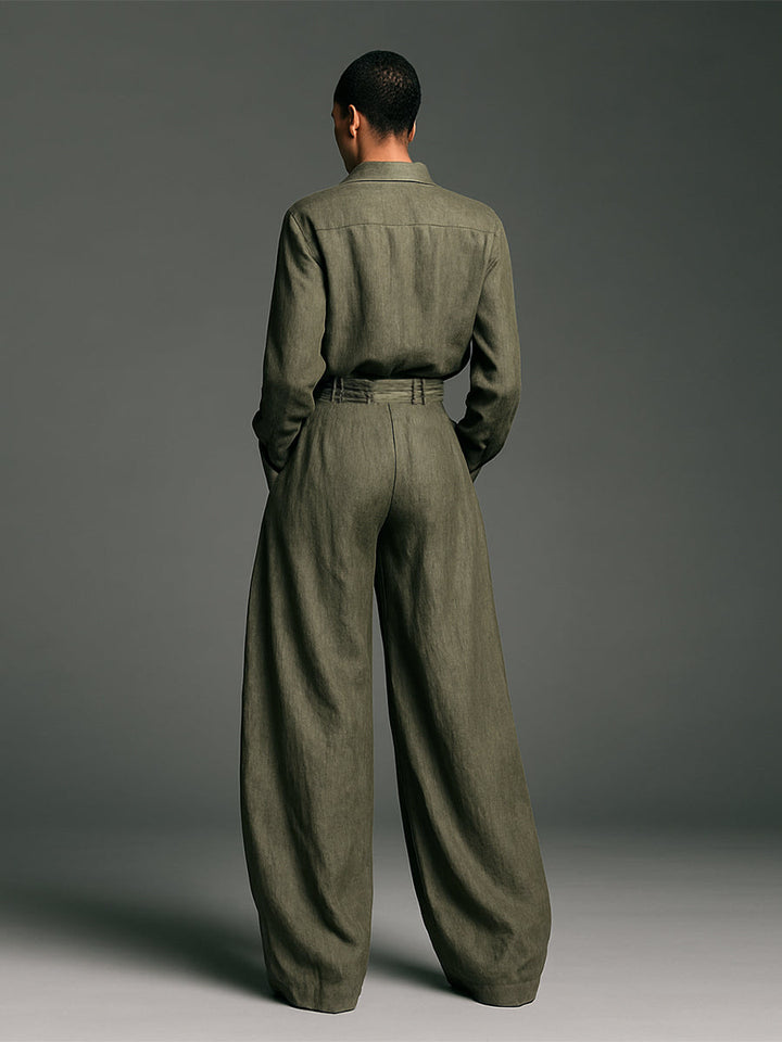 Two-Piece Ladies Cotton and Linen Set with Long Sleeve Blouse and Wide Trousers