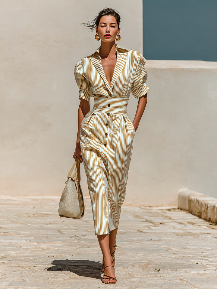 Midi Dress with Stripes, Collar and Short Sleeves