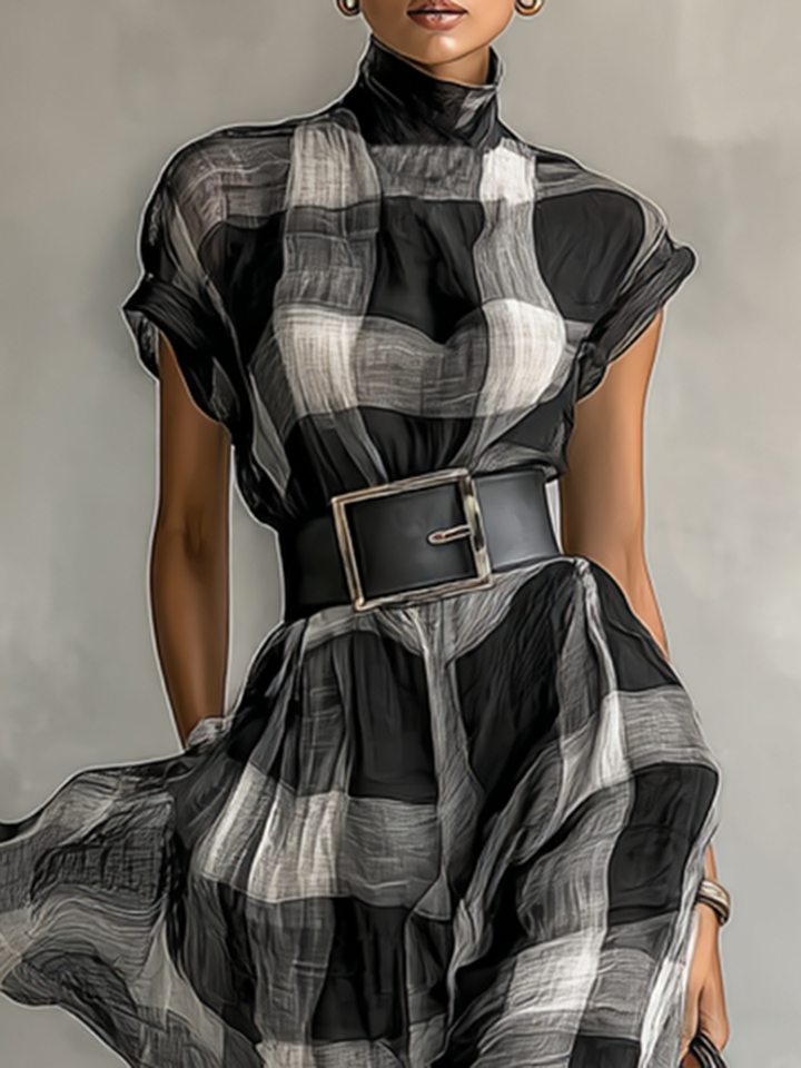 Maxi Dress in Checked Chiffon with High Neck and Short Sleeves