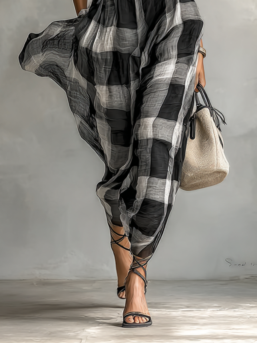 Maxi Dress in Checked Chiffon with High Neck and Short Sleeves