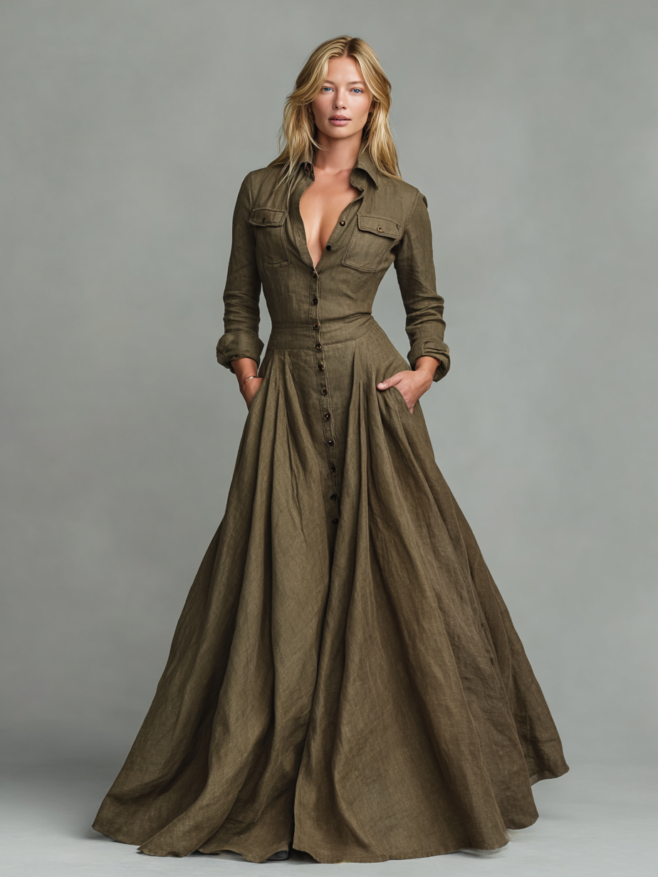 Maxi Vintage Dress in Cotton and Linen for Women with Shirt Design