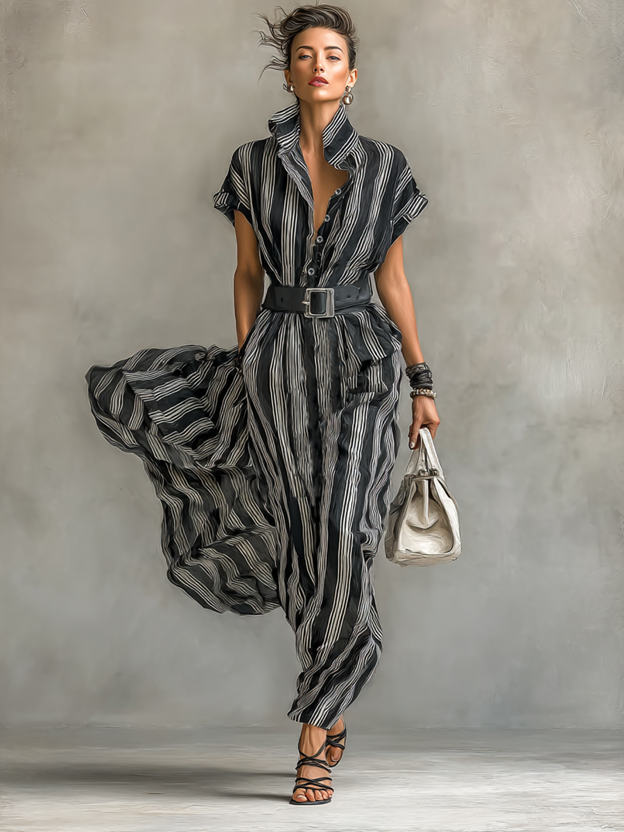 Maxi Chiffon Striped Dress with Collar and Short Sleeves for Women with Belt