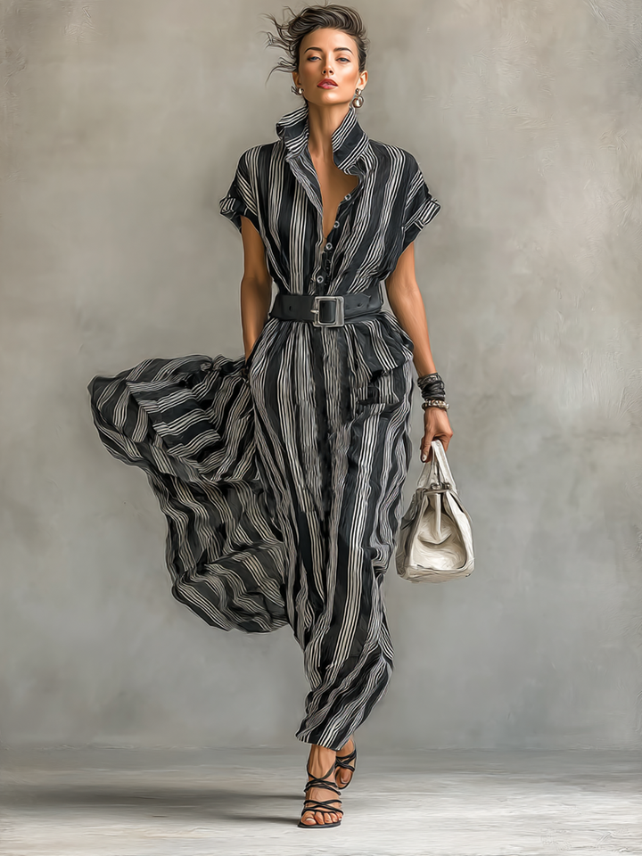 Maxi Chiffon Striped Dress with Collar and Short Sleeves for Women with Belt