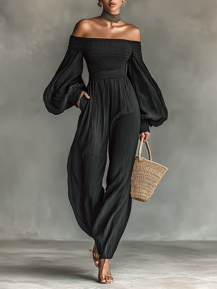 Ladies' pleated fabric jumpsuit with off-the-shoulder design and long sleeves