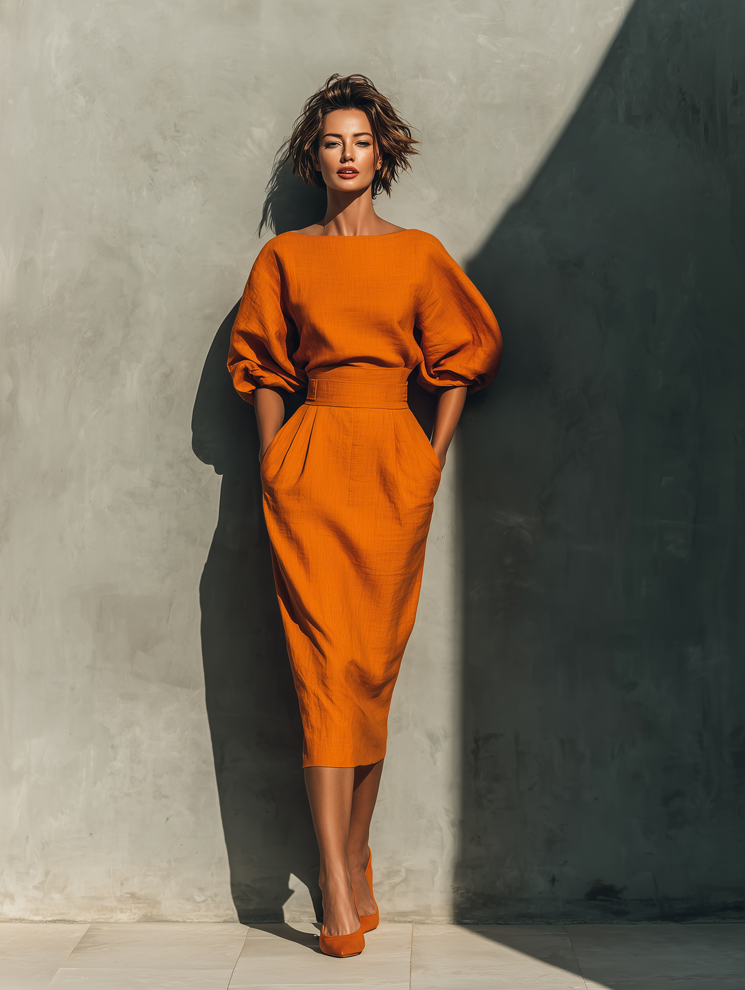 Vibrant Midi Skirt in Cotton-Linen Mix Orange