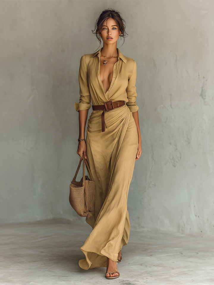 Maxi Long Dress with Notched Collar Including Belt
