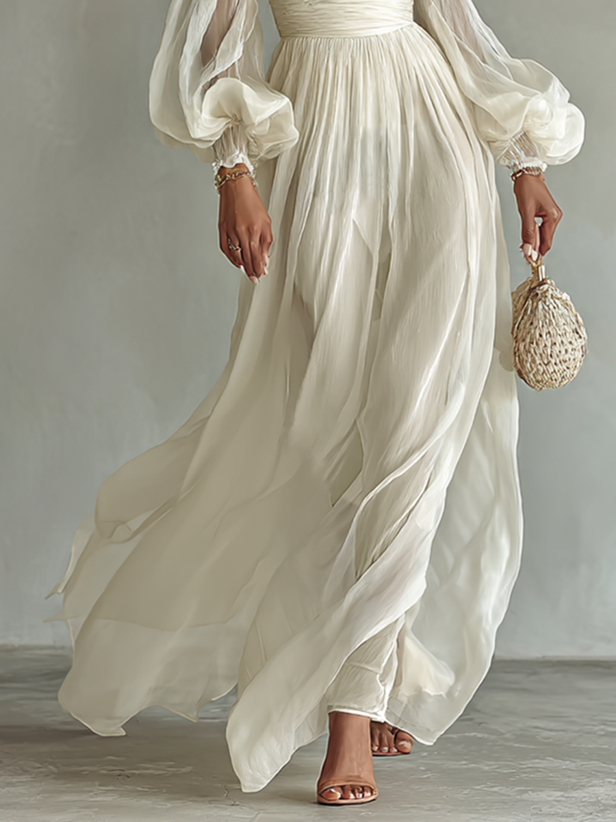 Chiffon Maxi Dress for Women with Square Neckline and Long Sleeves