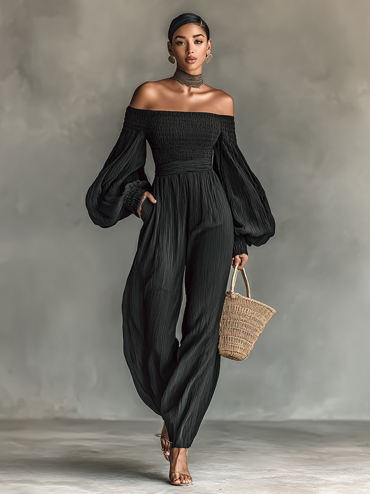 Ladies' pleated fabric jumpsuit with off-the-shoulder design and long sleeves