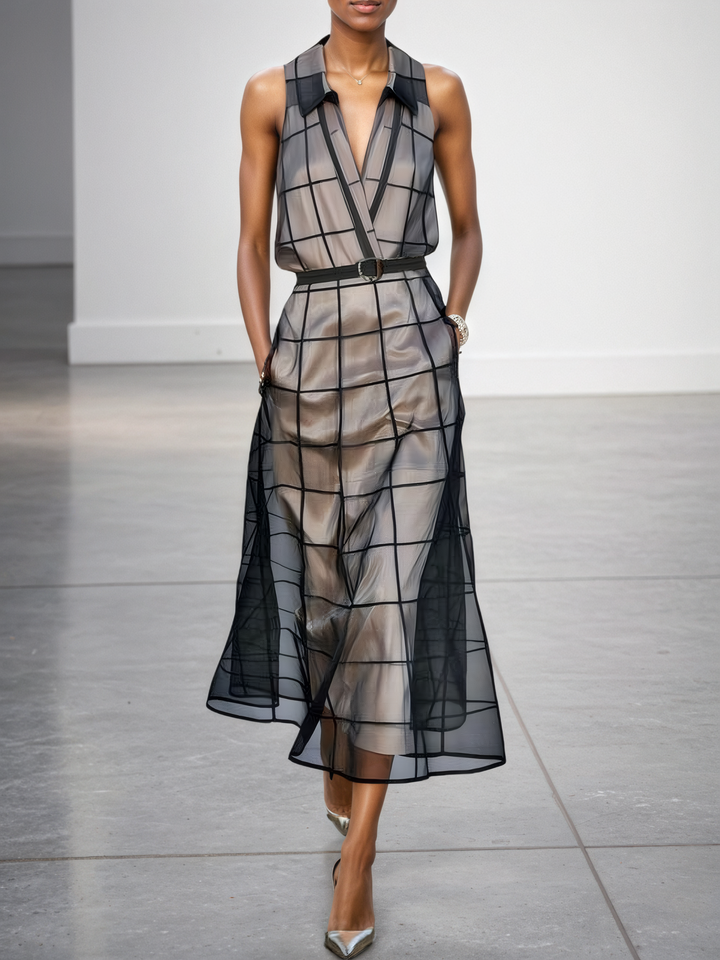 Maxi Dress Without Sleeves in Checked Tulle with Collar and Belt