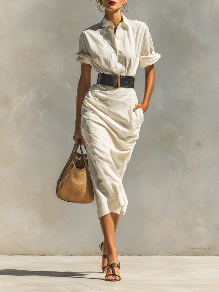 Ladies' Dress with Short Sleeves, Collar and Waistband