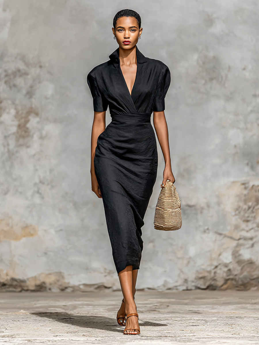 Plain Midi Dress for Women with V-Neck and Short Sleeves
