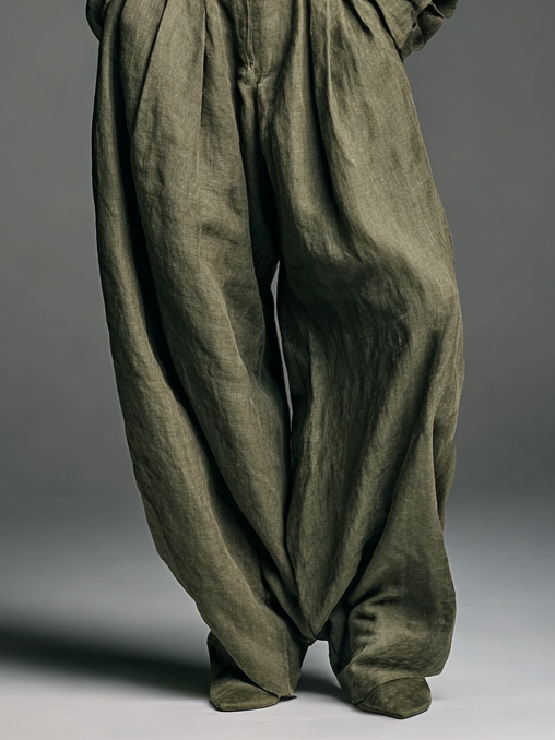 Two-Piece Ladies Cotton and Linen Set with Long Sleeve Blouse and Wide Trousers