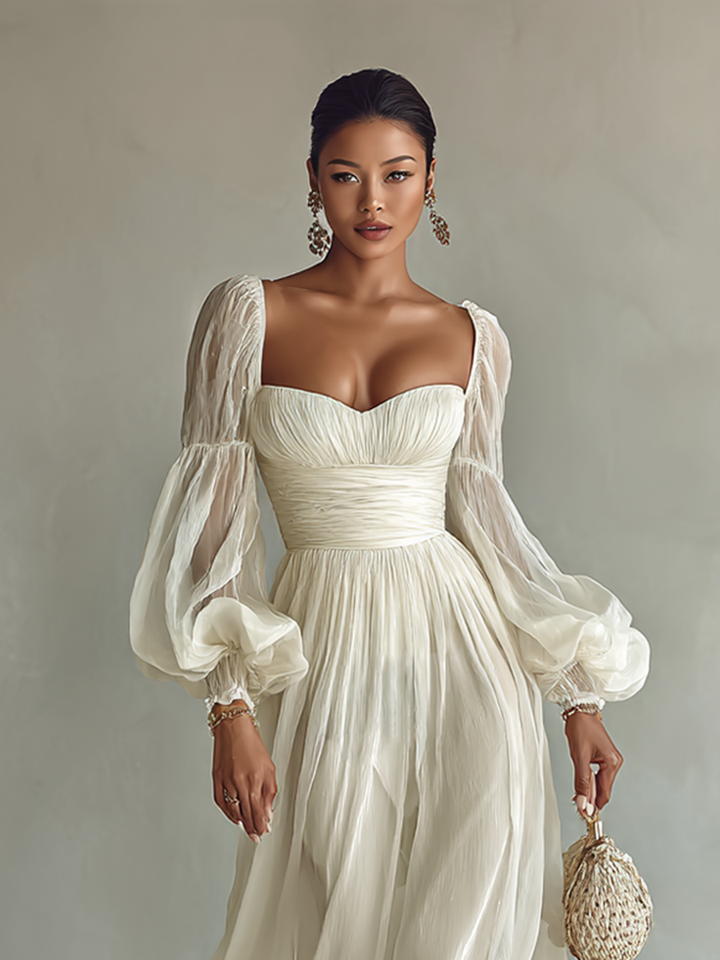 Chiffon Maxi Dress for Women with Square Neckline and Long Sleeves
