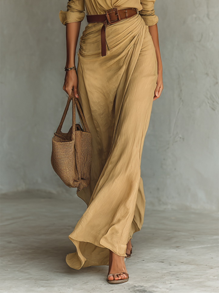 Maxi Long Dress with Notched Collar Including Belt