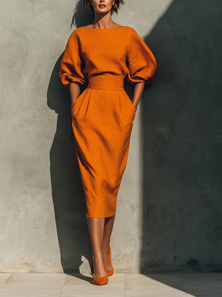 Vibrant Midi Skirt in Cotton-Linen Mix Orange
