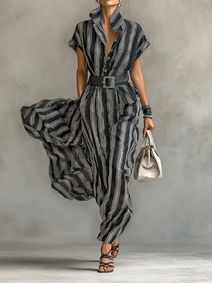 Maxi Chiffon Striped Dress with Collar and Short Sleeves for Women with Belt