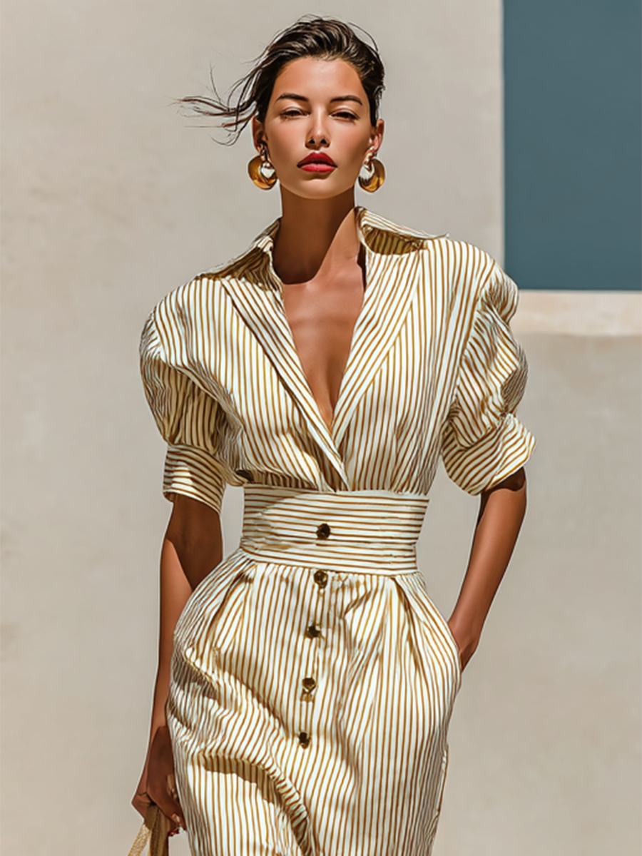 Midi Dress with Stripes, Collar and Short Sleeves