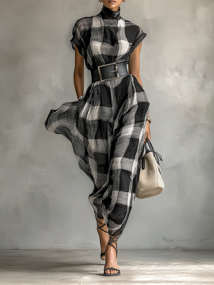 Maxi Dress in Checked Chiffon with High Neck and Short Sleeves