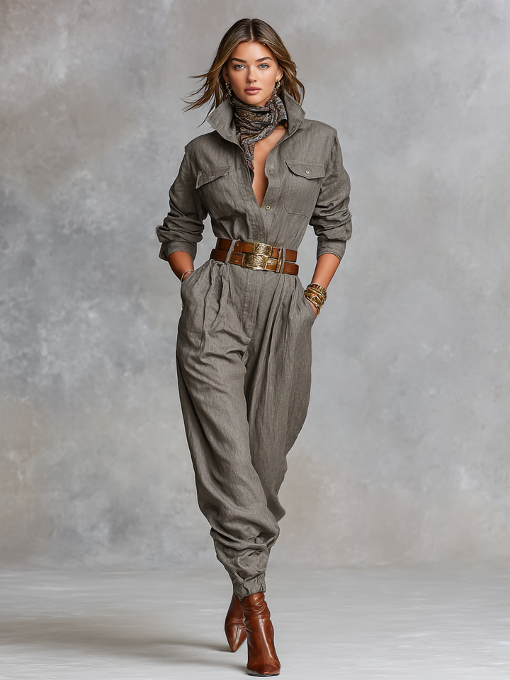 Cotton and Linen Long Sleeve Shirt Jumpsuit