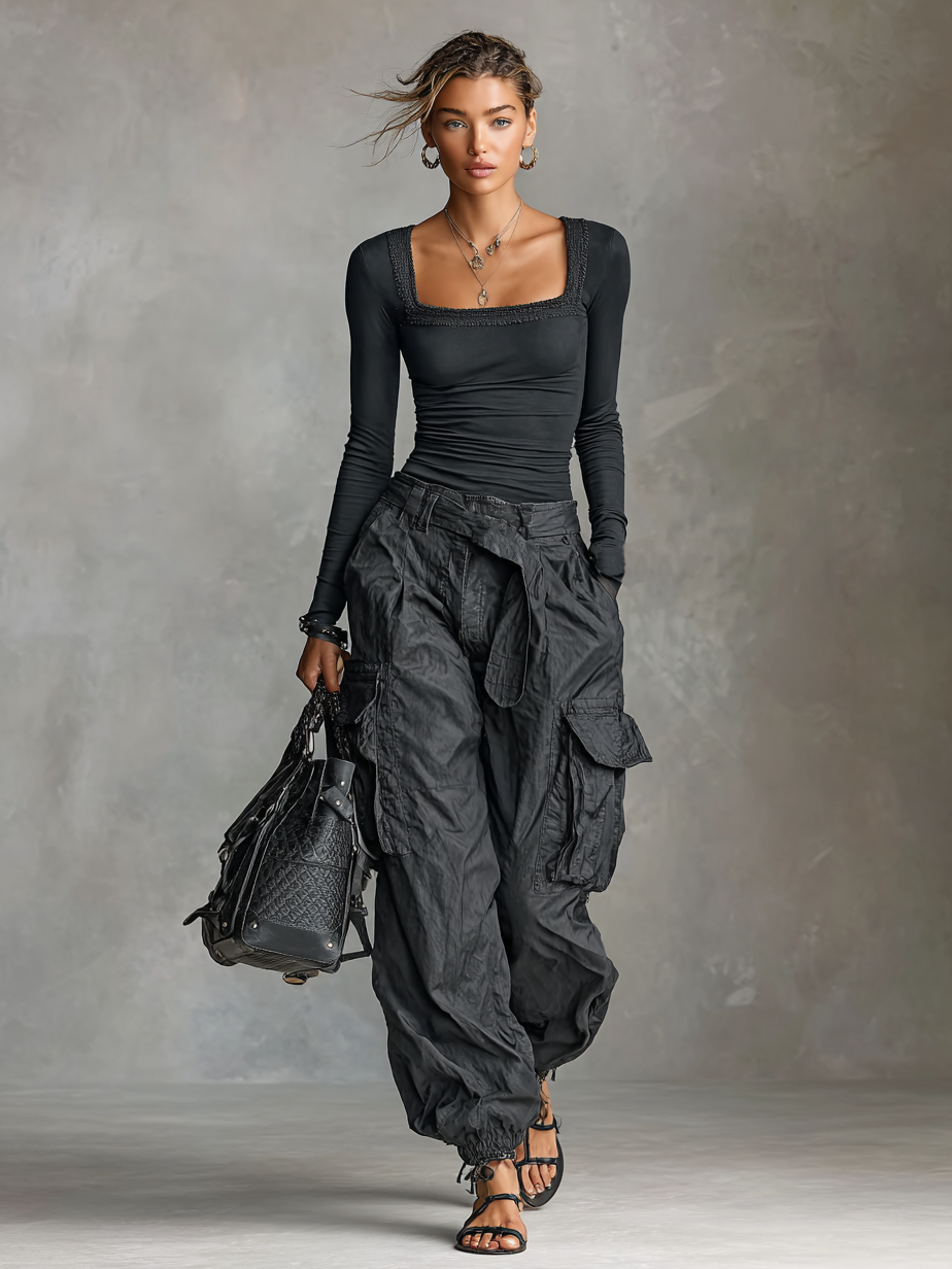 Two-Piece Set: Long Sleeve Square Neck T-Shirt and Cargo Trousers with Multiple Pockets