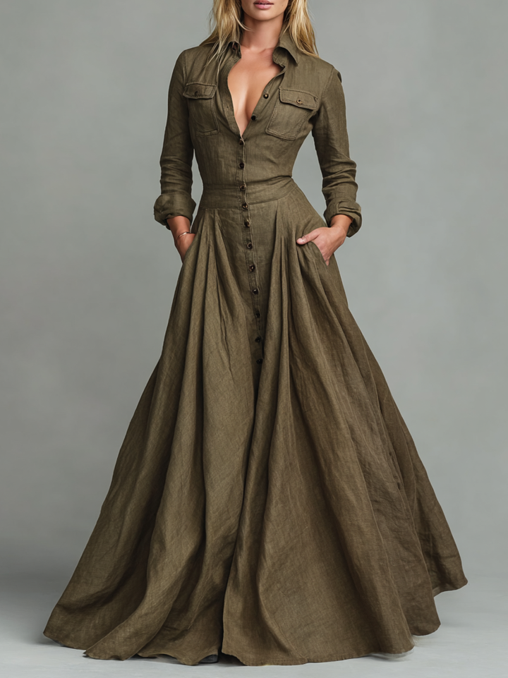 Maxi Vintage Dress in Cotton and Linen for Women with Shirt Design