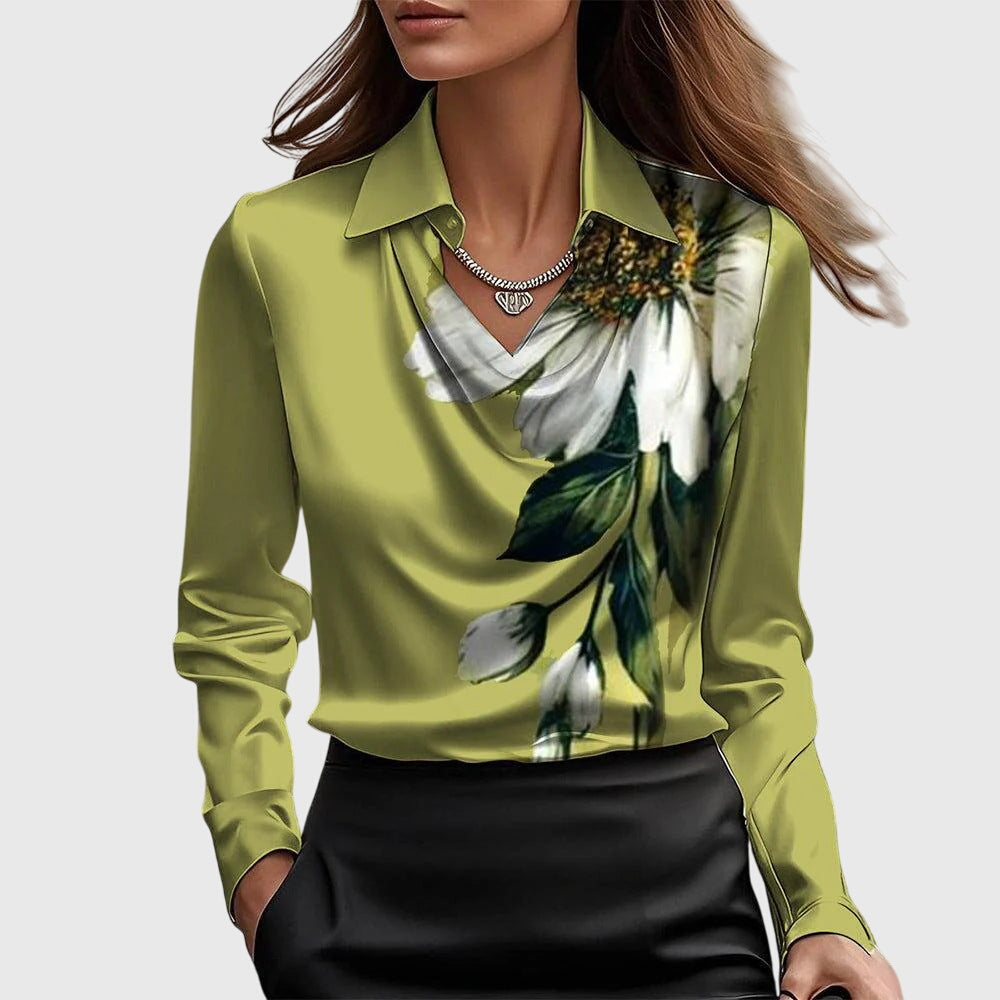 Sylvie | Blouse with a luxurious sheen and pleated neckline.