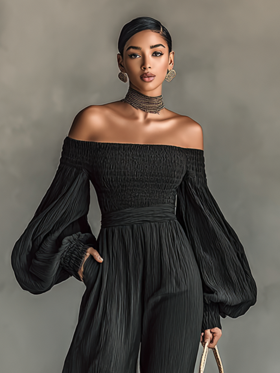 Ladies' pleated fabric jumpsuit with off-the-shoulder design and long sleeves