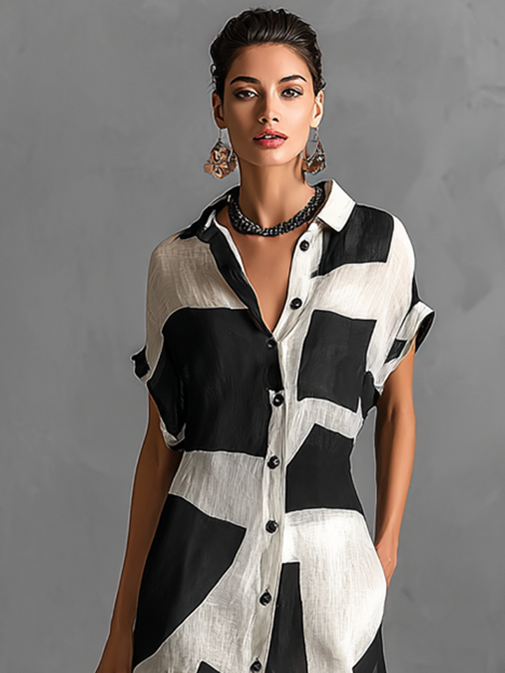 Maxi Blouse Dress in Chiffon for Women with Irregular Geometric Print and Lapel Collar, Short Sleeves, Single Button