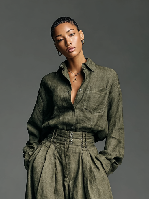 Two-Piece Ladies Cotton and Linen Set with Long Sleeve Blouse and Wide Trousers