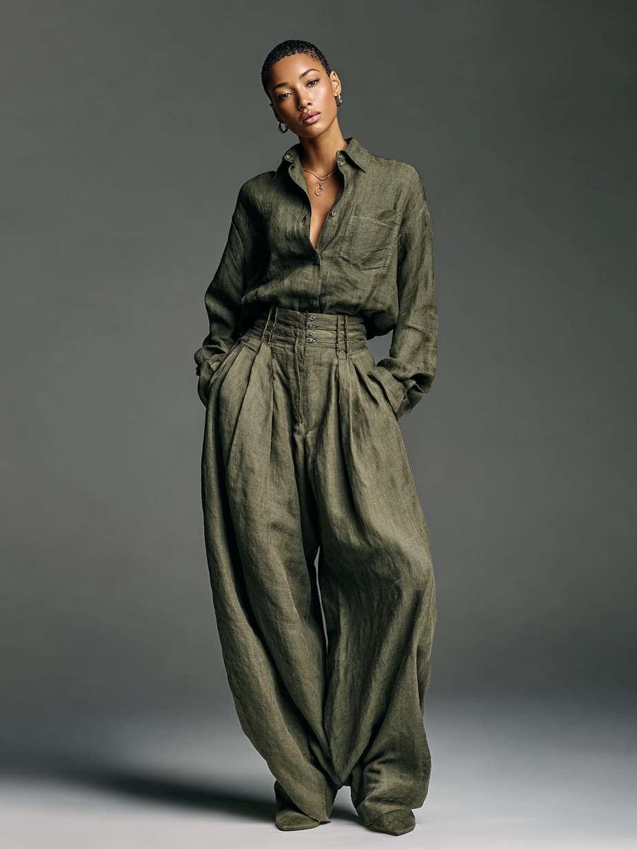 Two-Piece Ladies Cotton and Linen Set with Long Sleeve Blouse and Wide Trousers
