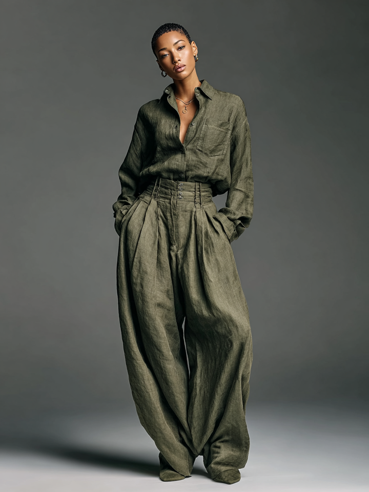 Two-Piece Ladies Cotton and Linen Set with Long Sleeve Blouse and Wide Trousers