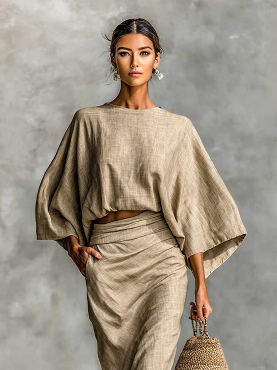 Two-Piece Set Long Skirt with Batwing Sleeves Made of Cotton and Linen