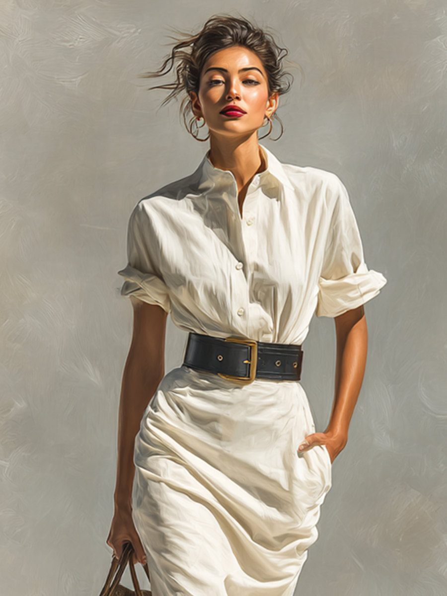 Ladies' Dress with Short Sleeves, Collar and Waistband