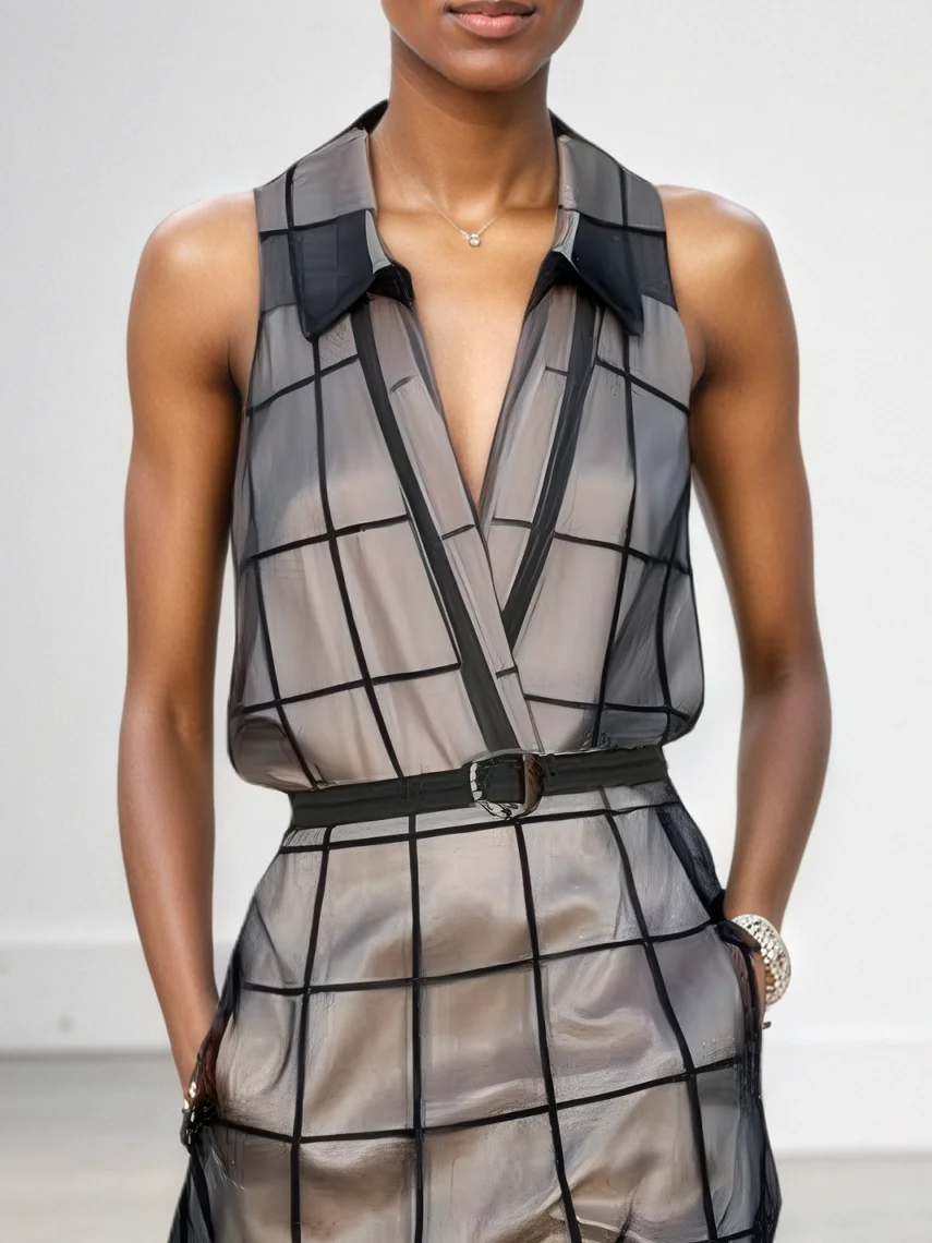 Maxi Dress Without Sleeves in Checked Tulle with Collar and Belt