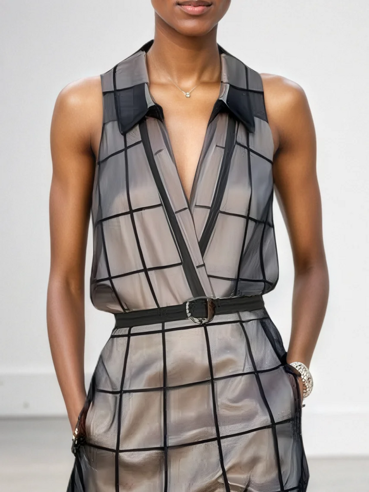 Maxi Dress Without Sleeves in Checked Tulle with Collar and Belt