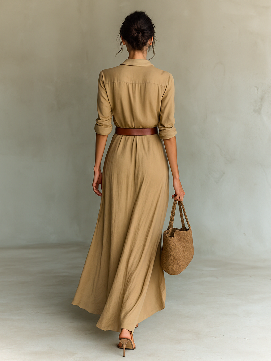 Maxi Long Dress with Notched Collar Including Belt