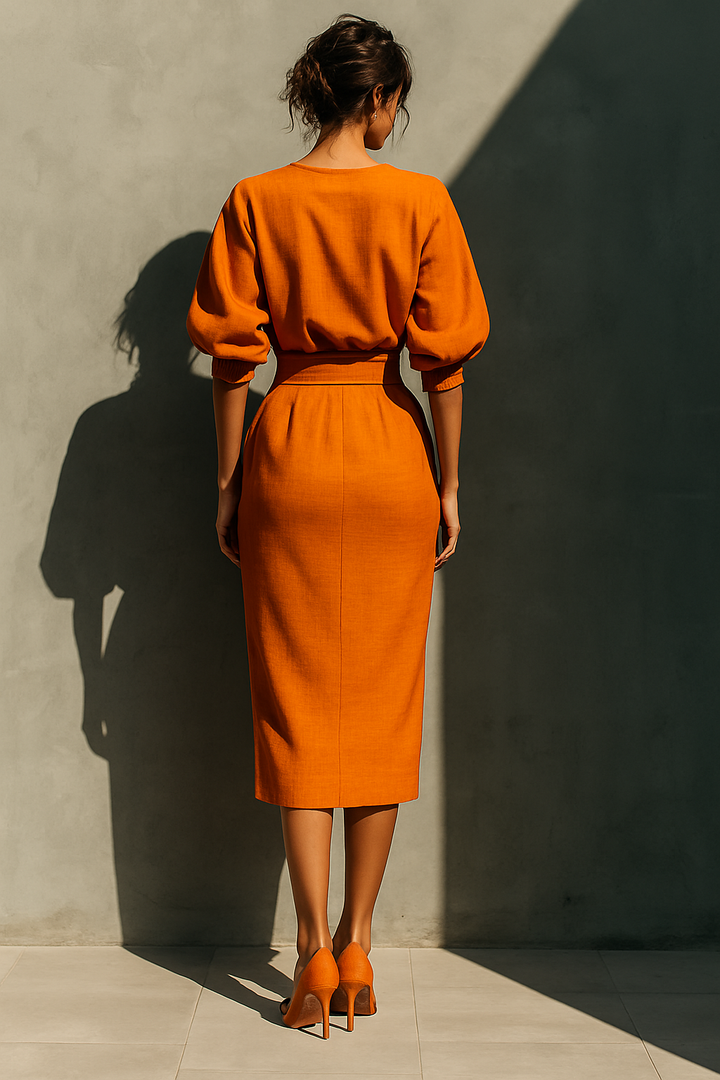 Vibrant Midi Skirt in Cotton-Linen Mix Orange