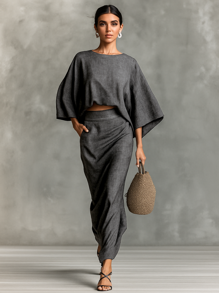 Two-Piece Set Long Skirt with Batwing Sleeves Made of Cotton and Linen